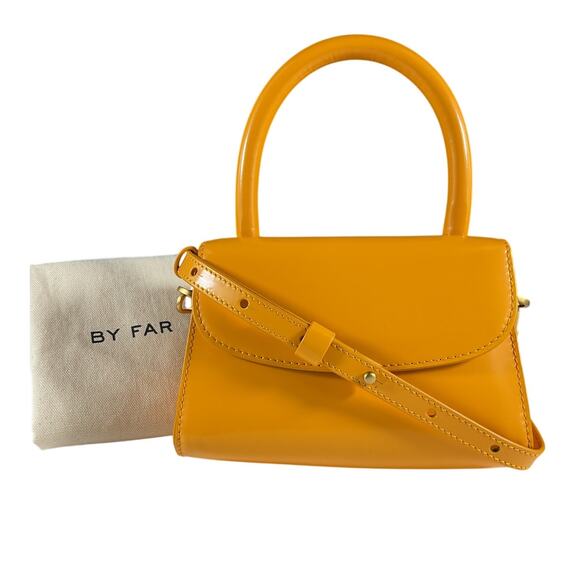 BY-FAR-Yellow-Patent-Mini-Top-  By Far Glossy Sunflower Mini Top Handle Bag